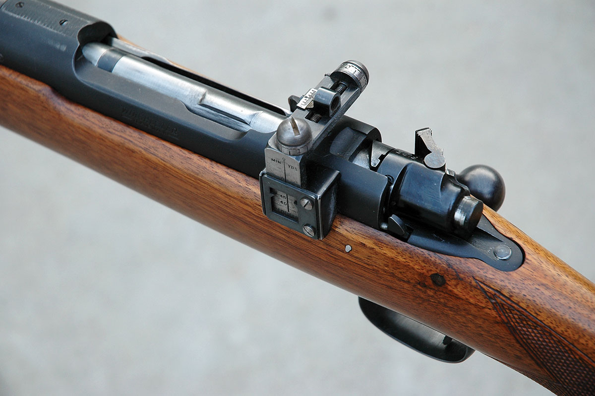 Winchester’s M70 was the first commercial 375 H&H of note stateside. Glassing the recoil lug of early rifles makes sense.